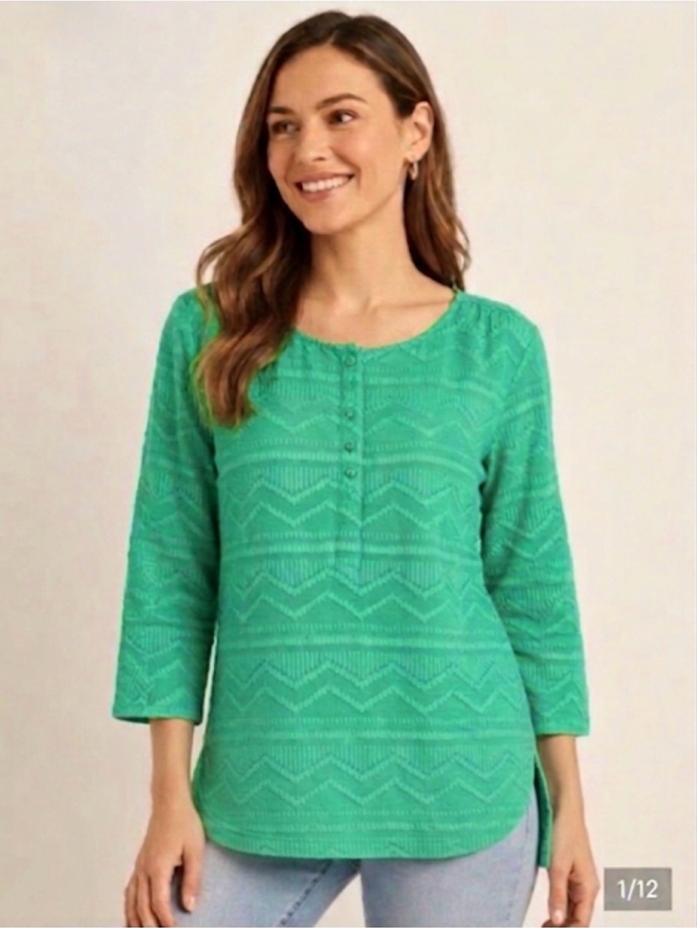Talbots Green Textured Round Neck Chevron High Low Top XL Preppy Classic
